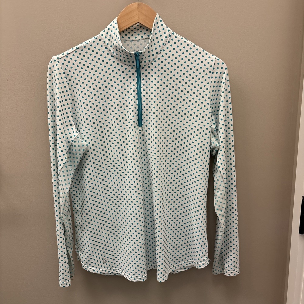 GG Blue Luxe Sport 1/4 Zip Pullover Women's L T Mesh Long Sleeves Polka Dot